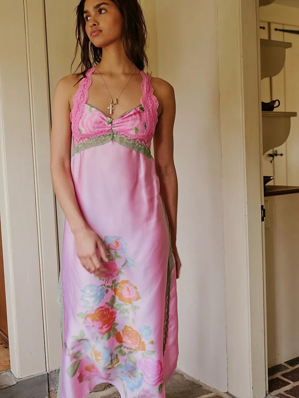 Free People Pink Floral Satin Slip with Green Lace Trim